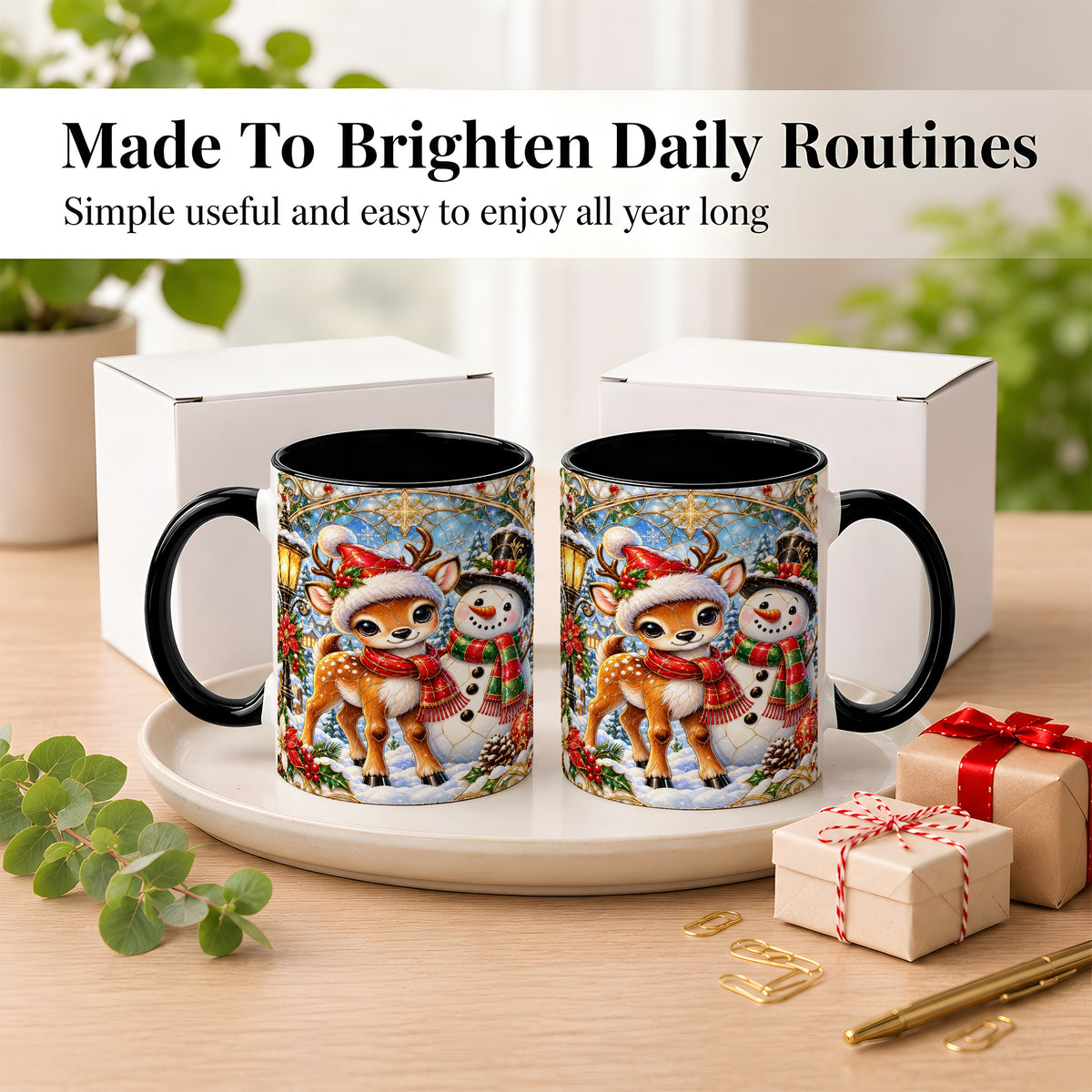 #pl[11oz|Black] Christmas Reindeer Snowman Coffee Mug, Winter Mug, Ceramic Cup