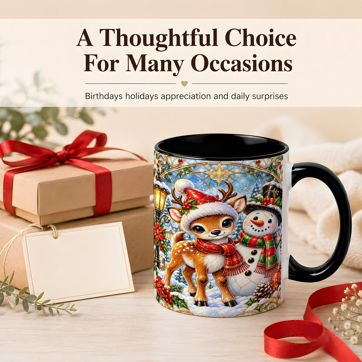 #pl[11oz|Black] Christmas Reindeer Snowman Coffee Mug, Winter Mug, Ceramic Cup