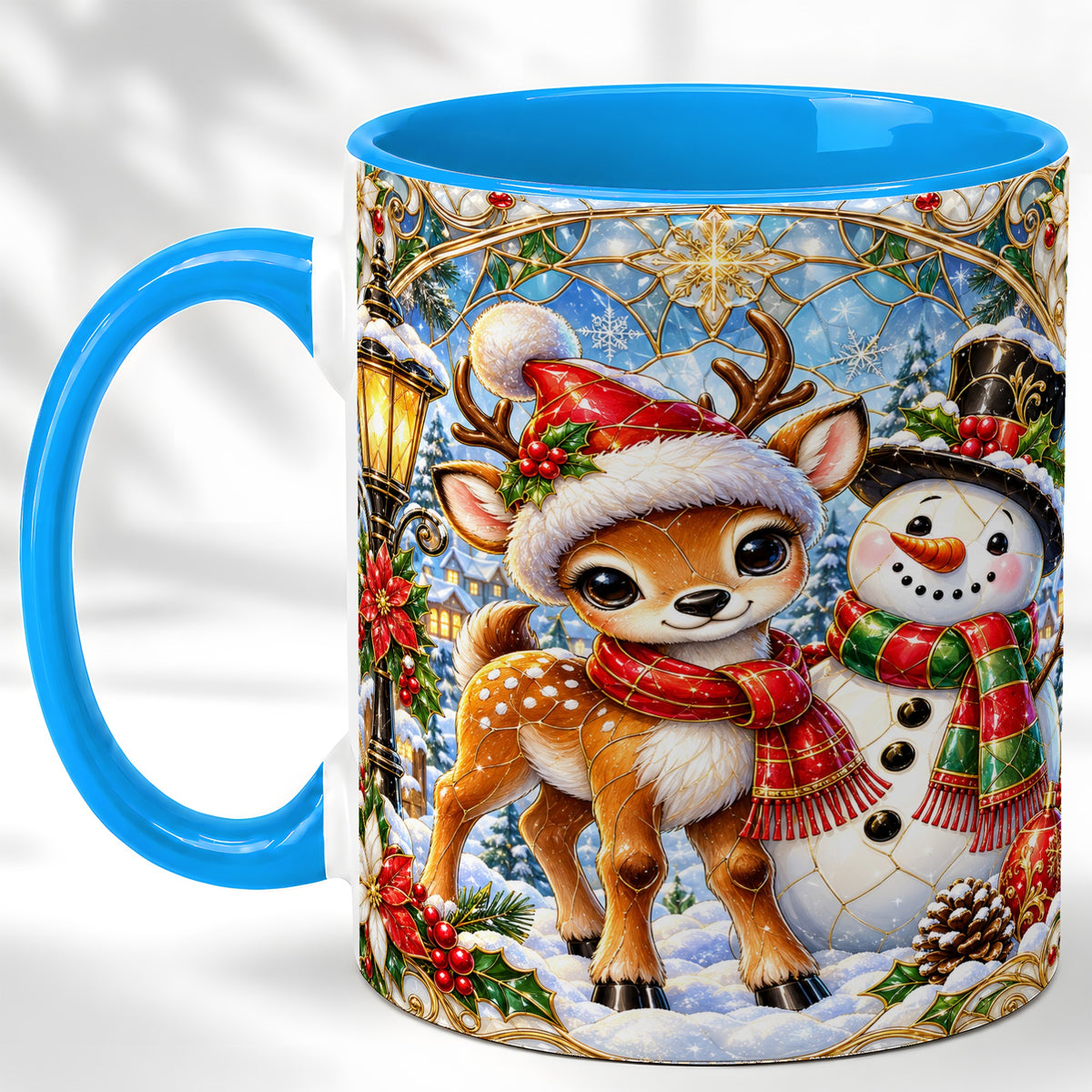 #pl[11oz|Blue] Christmas Reindeer Snowman Coffee Mug, Winter Mug, Ceramic Cup