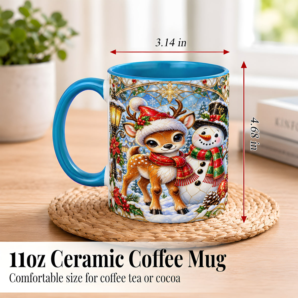 #pl[11oz|Blue] Christmas Reindeer Snowman Coffee Mug, Winter Mug, Ceramic Cup