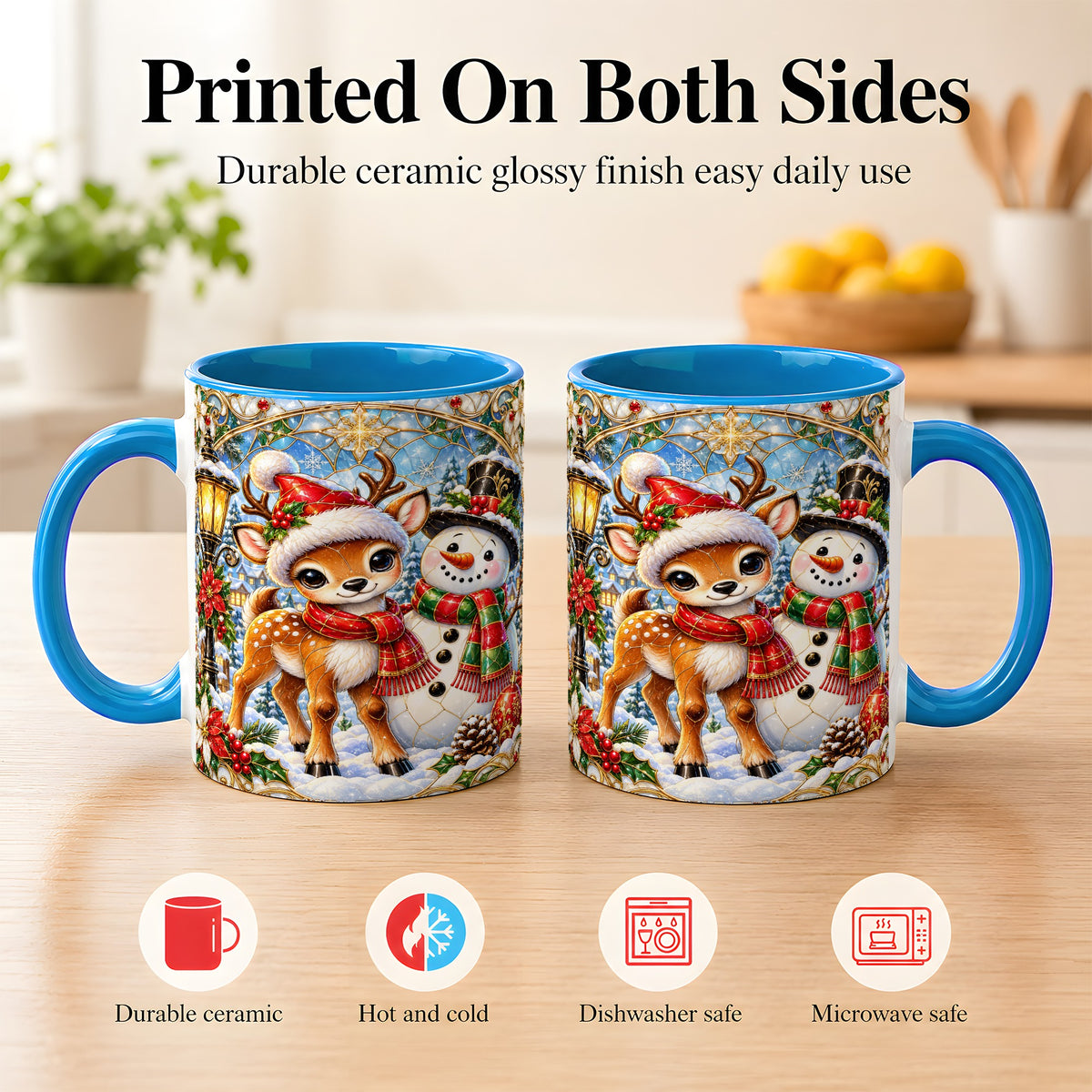 #pl[11oz|Blue] Christmas Reindeer Snowman Coffee Mug, Winter Mug, Ceramic Cup