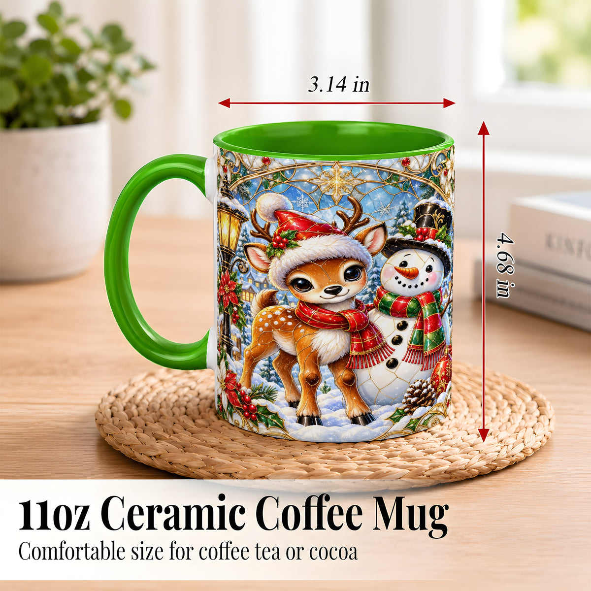 #pl[11oz|Green] Christmas Reindeer Snowman Coffee Mug, Winter Mug, Ceramic Cup