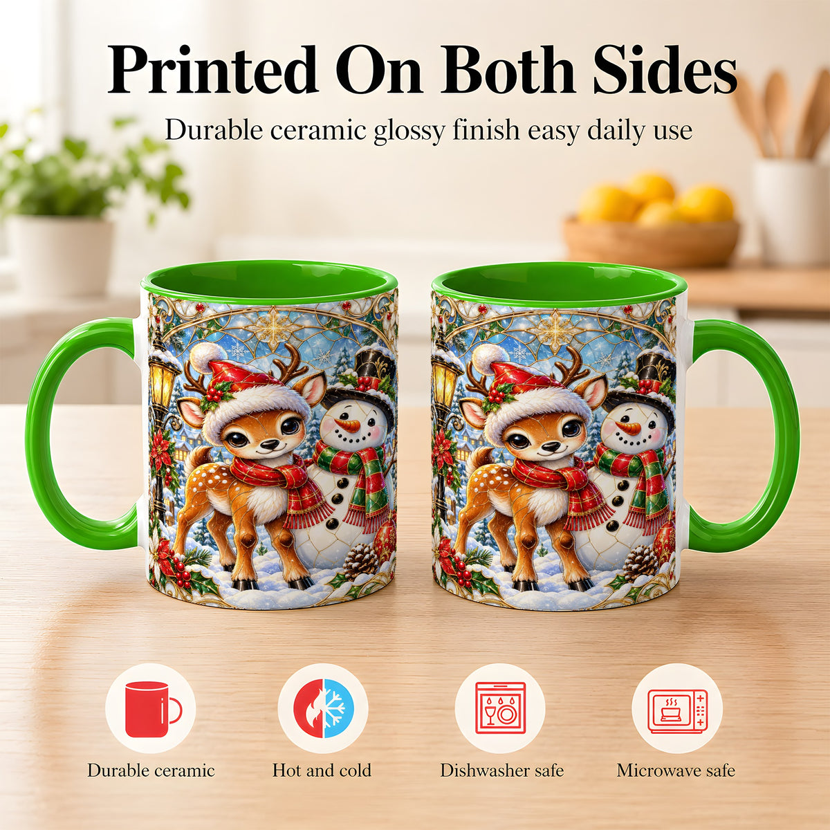 #pl[11oz|Green] Christmas Reindeer Snowman Coffee Mug, Winter Mug, Ceramic Cup