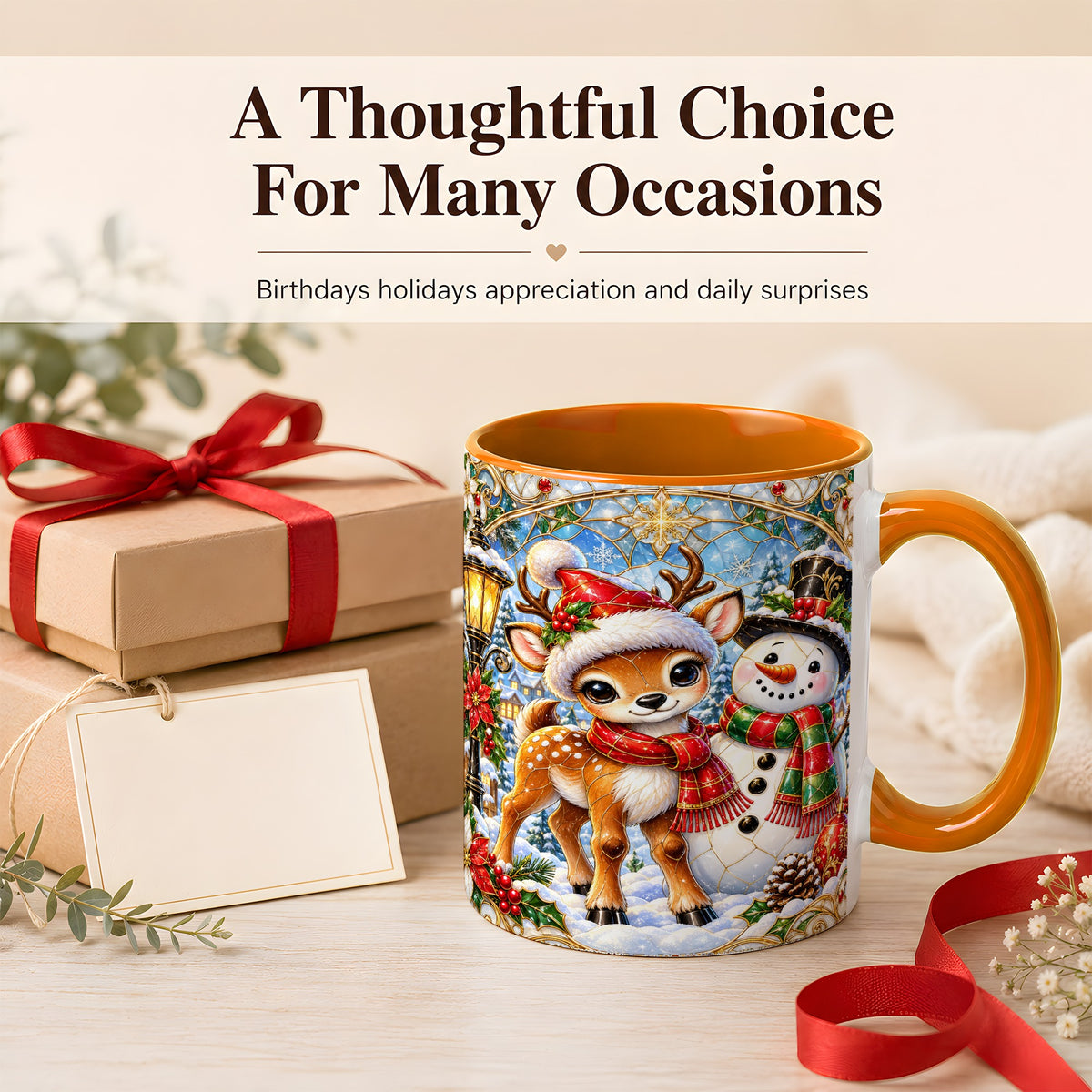 #pl[11oz|Orange] Christmas Reindeer Snowman Coffee Mug, Winter Mug, Ceramic Cup