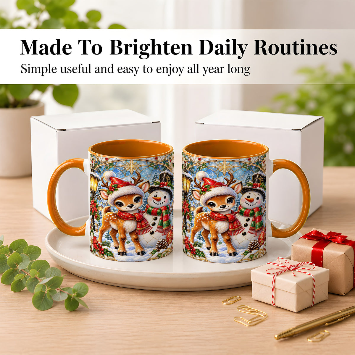 #pl[11oz|Orange] Christmas Reindeer Snowman Coffee Mug, Winter Mug, Ceramic Cup