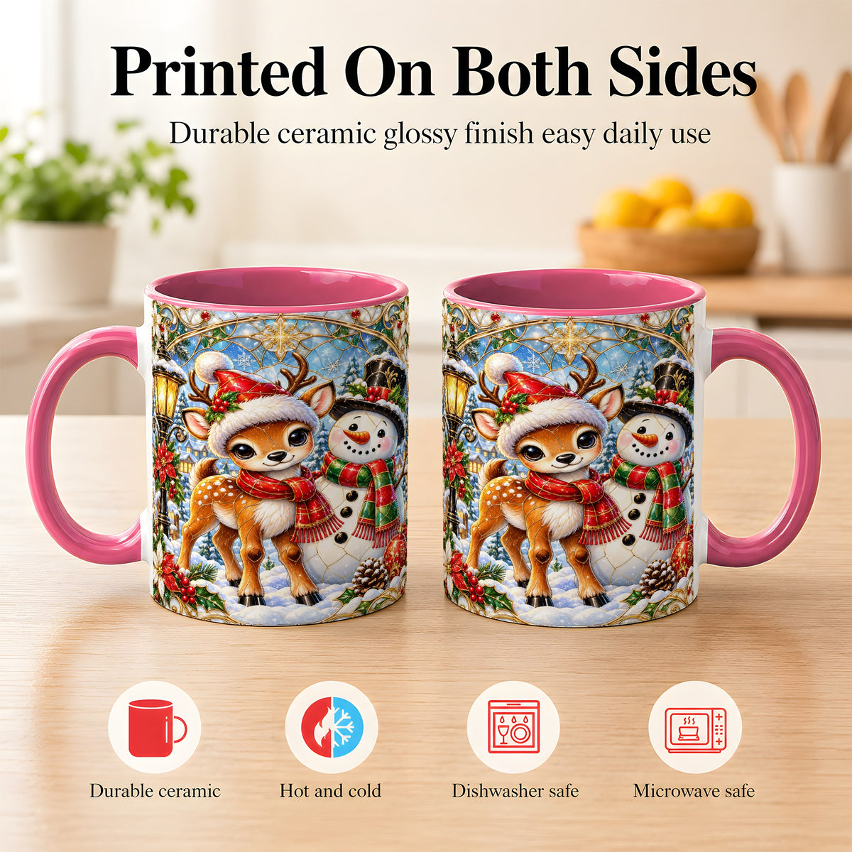 #pl[11oz|Pink] Christmas Reindeer Snowman Coffee Mug, Winter Mug, Ceramic Cup