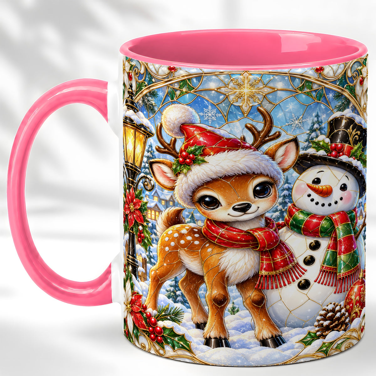 #pl[11oz|Pink] Christmas Reindeer Snowman Coffee Mug, Winter Mug, Ceramic Cup