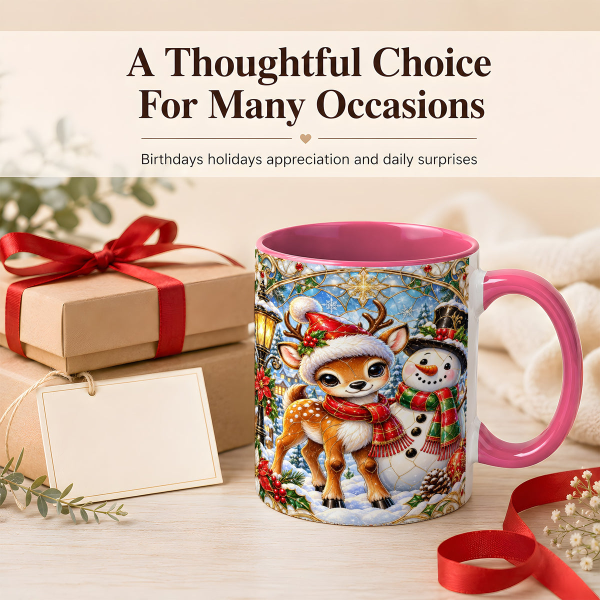 #pl[11oz|Pink] Christmas Reindeer Snowman Coffee Mug, Winter Mug, Ceramic Cup