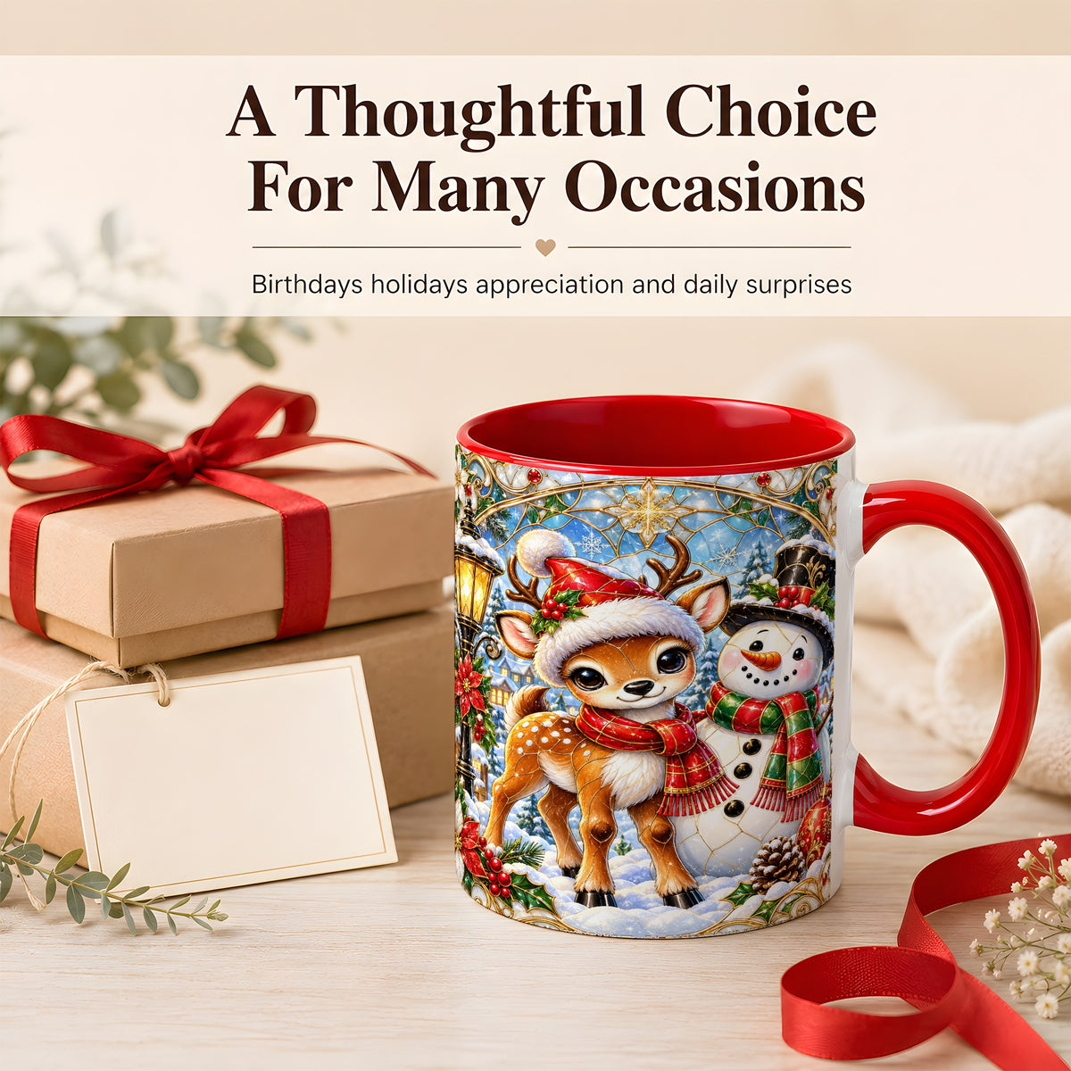 #pl[11oz|Red] Christmas Reindeer Snowman Coffee Mug, Winter Mug, Ceramic Cup