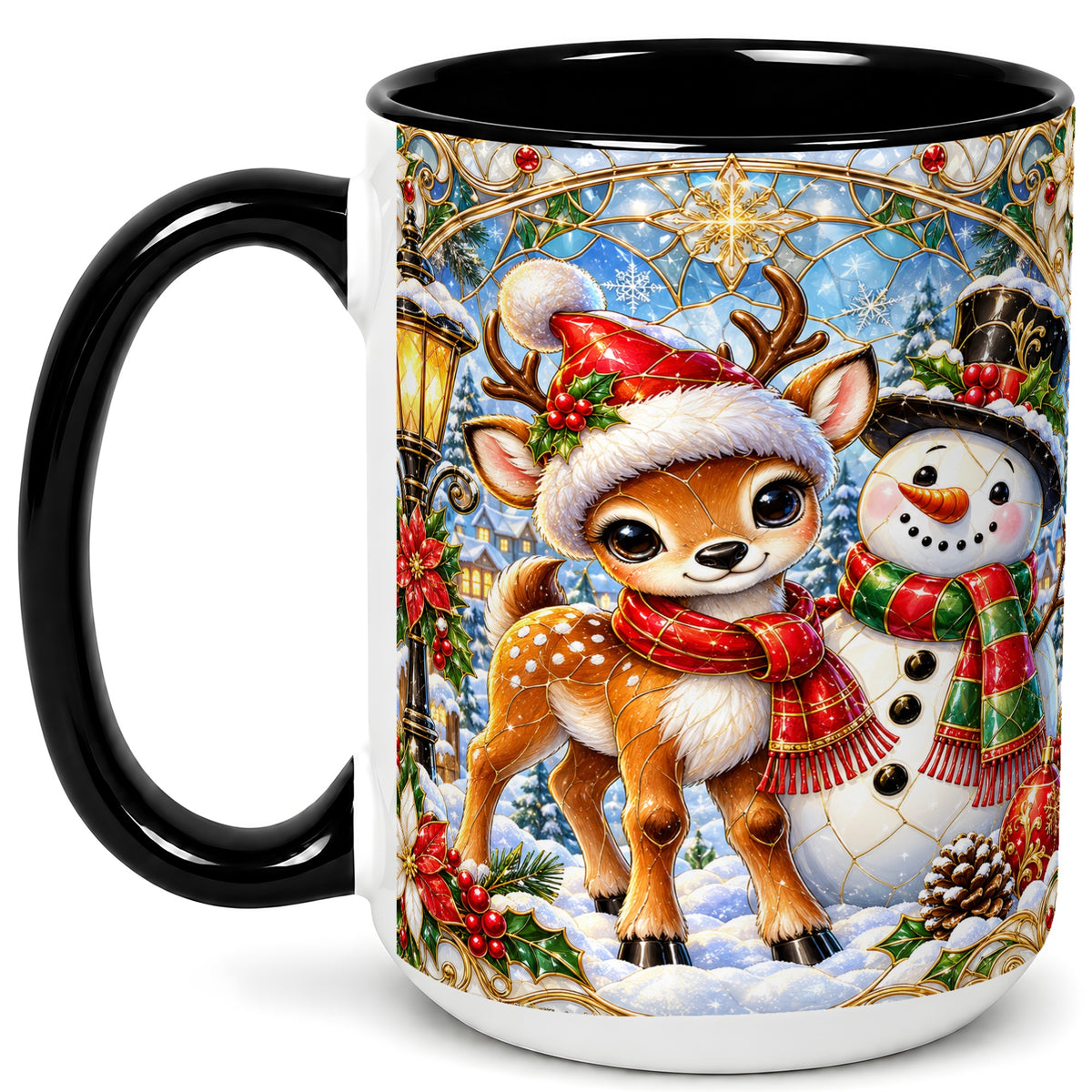 #pl[15oz|Black] Christmas Reindeer Snowman Coffee Mug, Winter Mug, Ceramic Cup