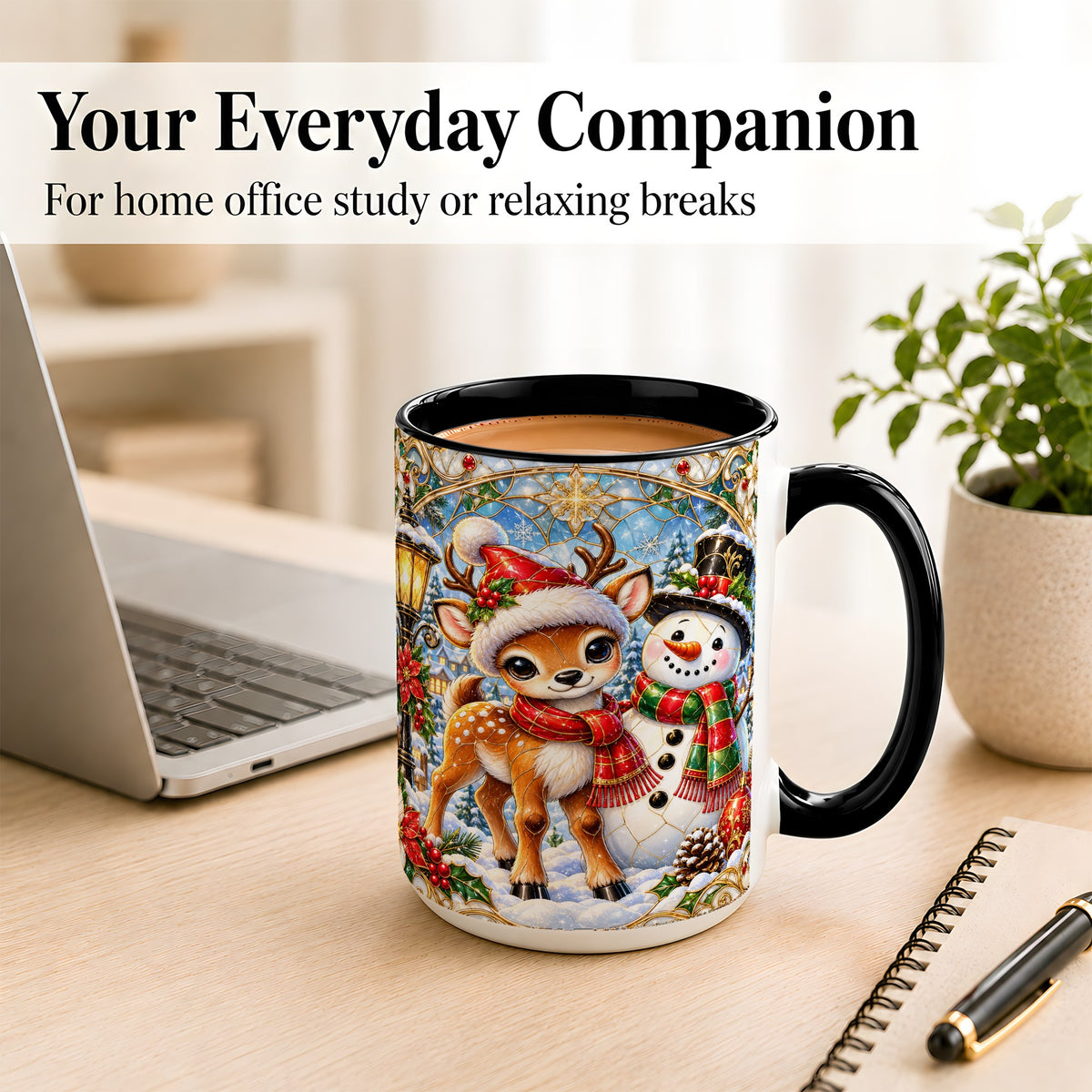 #pl[15oz|Black] Christmas Reindeer Snowman Coffee Mug, Winter Mug, Ceramic Cup