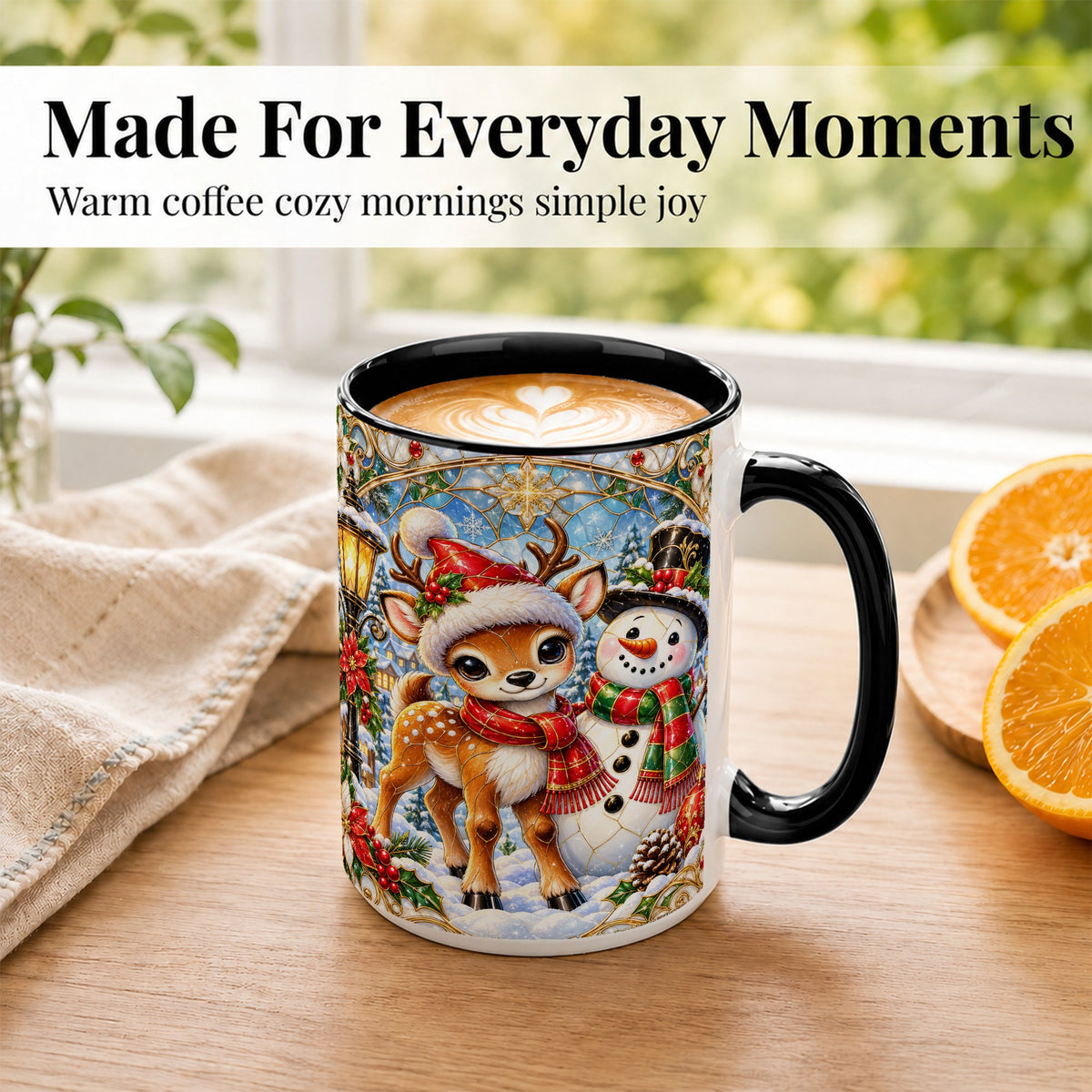 #pl[15oz|Black] Christmas Reindeer Snowman Coffee Mug, Winter Mug, Ceramic Cup