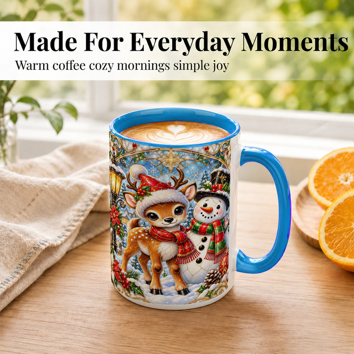 #pl[15oz|Blue] Christmas Reindeer Snowman Coffee Mug, Winter Mug, Ceramic Cup