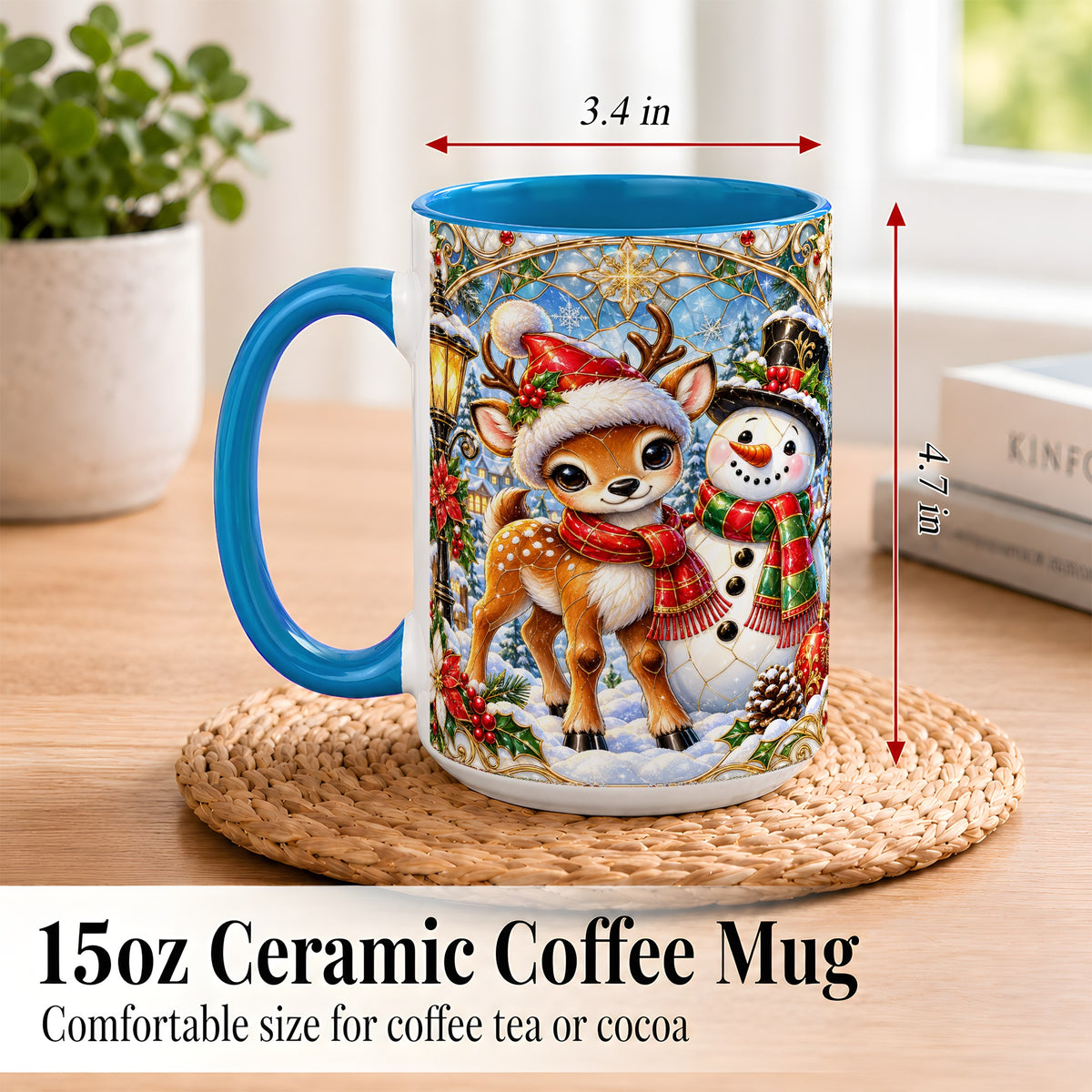 #pl[15oz|Blue] Christmas Reindeer Snowman Coffee Mug, Winter Mug, Ceramic Cup