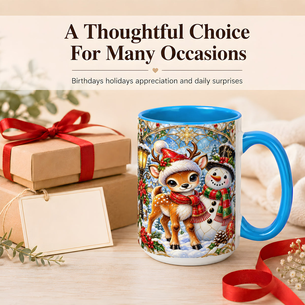 #pl[15oz|Blue] Christmas Reindeer Snowman Coffee Mug, Winter Mug, Ceramic Cup