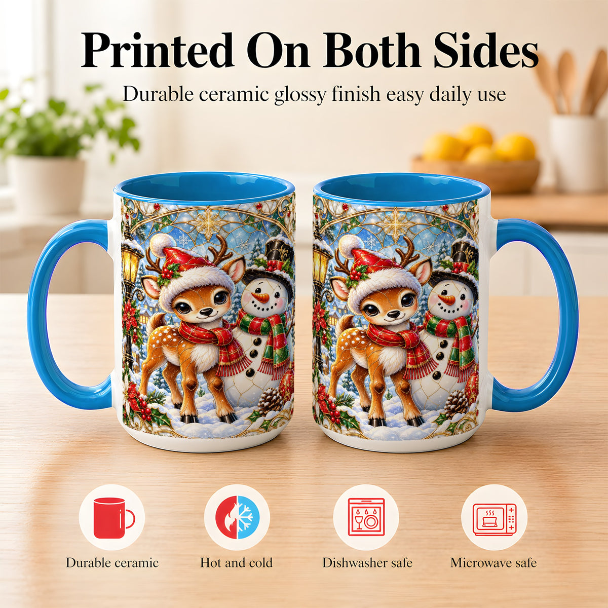 #pl[15oz|Blue] Christmas Reindeer Snowman Coffee Mug, Winter Mug, Ceramic Cup