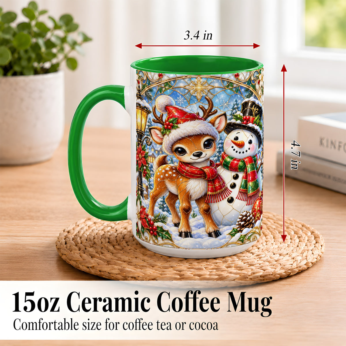 #pl[15oz|Green] Christmas Reindeer Snowman Coffee Mug, Winter Mug, Ceramic Cup
