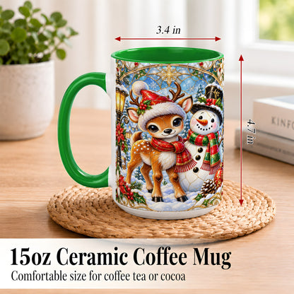 #pl[15oz|Green] Christmas Reindeer Snowman Coffee Mug, Winter Mug, Ceramic Cup