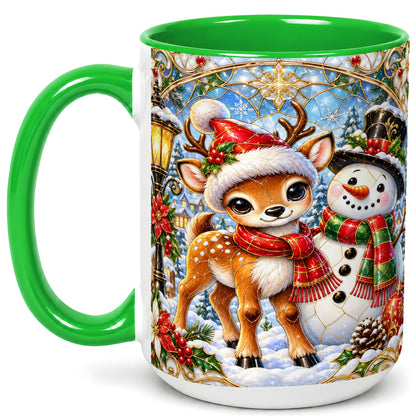 #pl[15oz|Green] Christmas Reindeer Snowman Coffee Mug, Winter Mug, Ceramic Cup