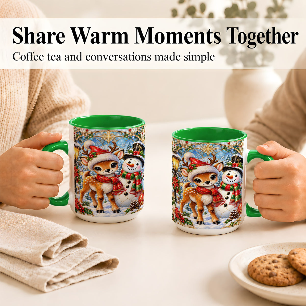 #pl[15oz|Green] Christmas Reindeer Snowman Coffee Mug, Winter Mug, Ceramic Cup