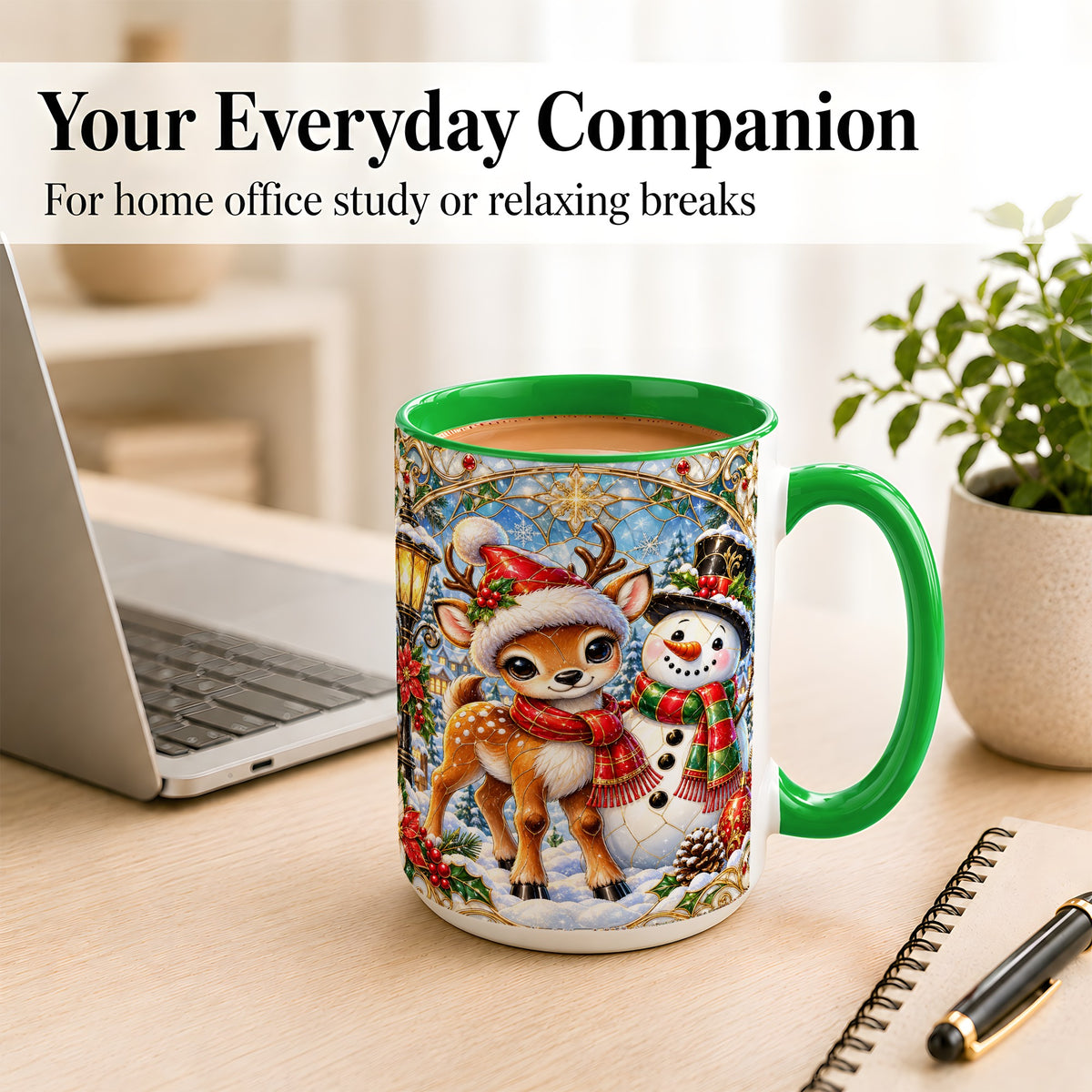 #pl[15oz|Green] Christmas Reindeer Snowman Coffee Mug, Winter Mug, Ceramic Cup