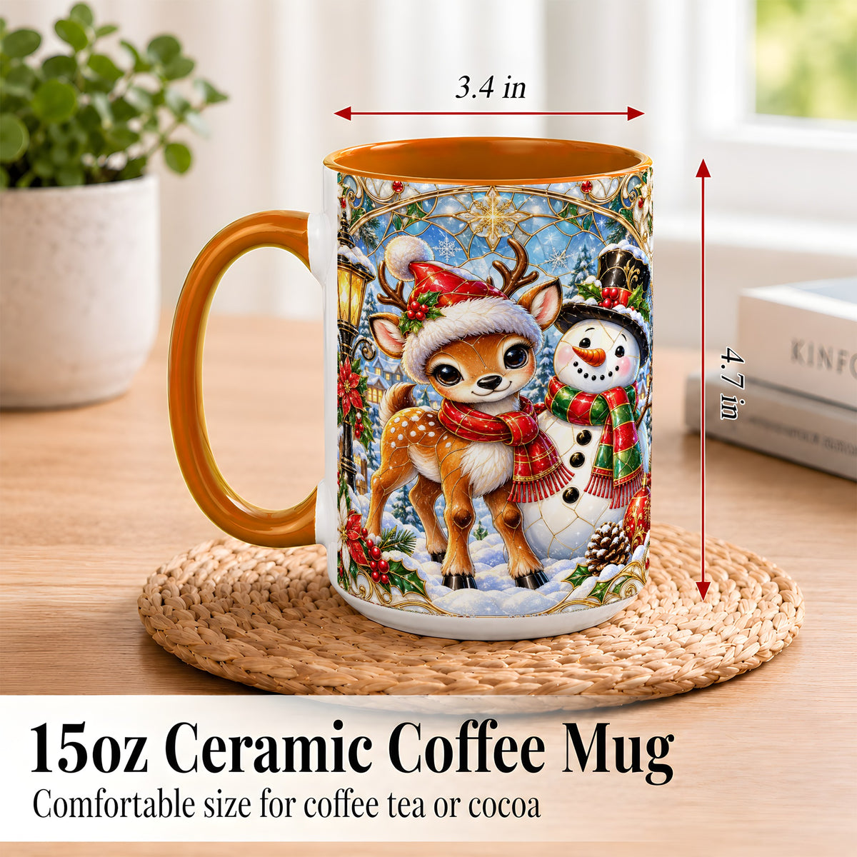 #pl[15oz|Orange] Christmas Reindeer Snowman Coffee Mug, Winter Mug, Ceramic Cup