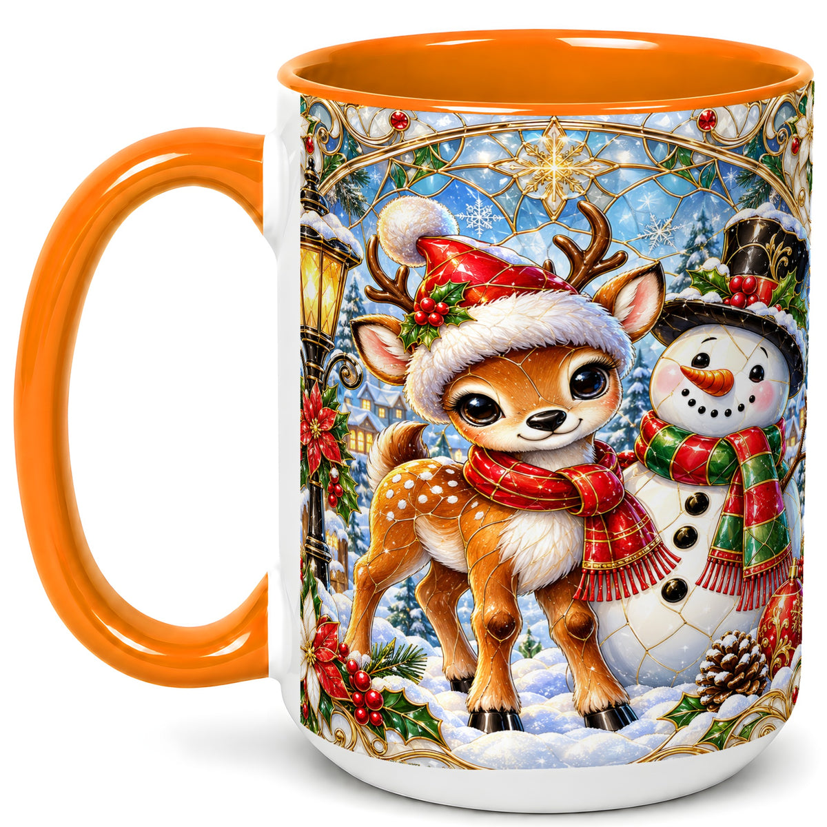 #pl[15oz|Orange] Christmas Reindeer Snowman Coffee Mug, Winter Mug, Ceramic Cup