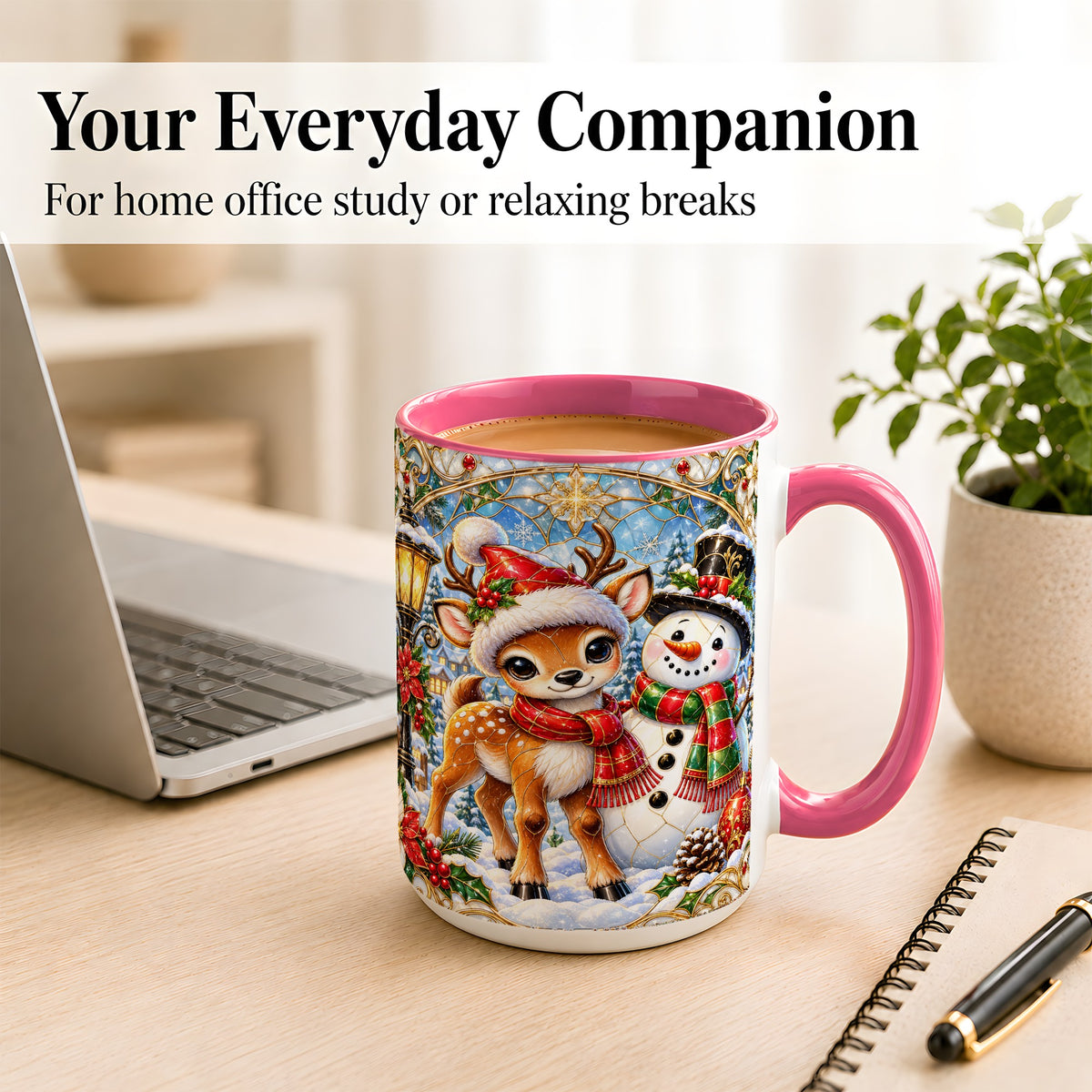 #pl[15oz|Pink] Christmas Reindeer Snowman Coffee Mug, Winter Mug, Ceramic Cup