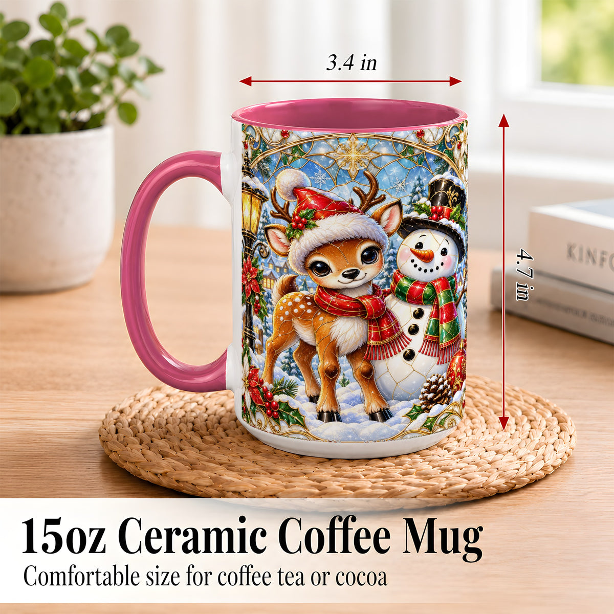 #pl[15oz|Pink] Christmas Reindeer Snowman Coffee Mug, Winter Mug, Ceramic Cup