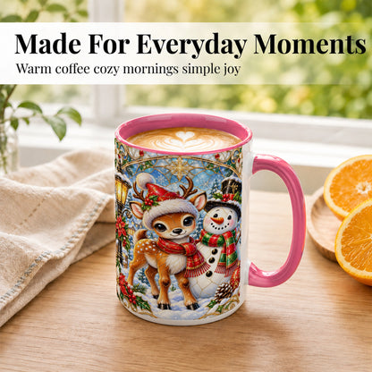 #pl[15oz|Pink] Christmas Reindeer Snowman Coffee Mug, Winter Mug, Ceramic Cup