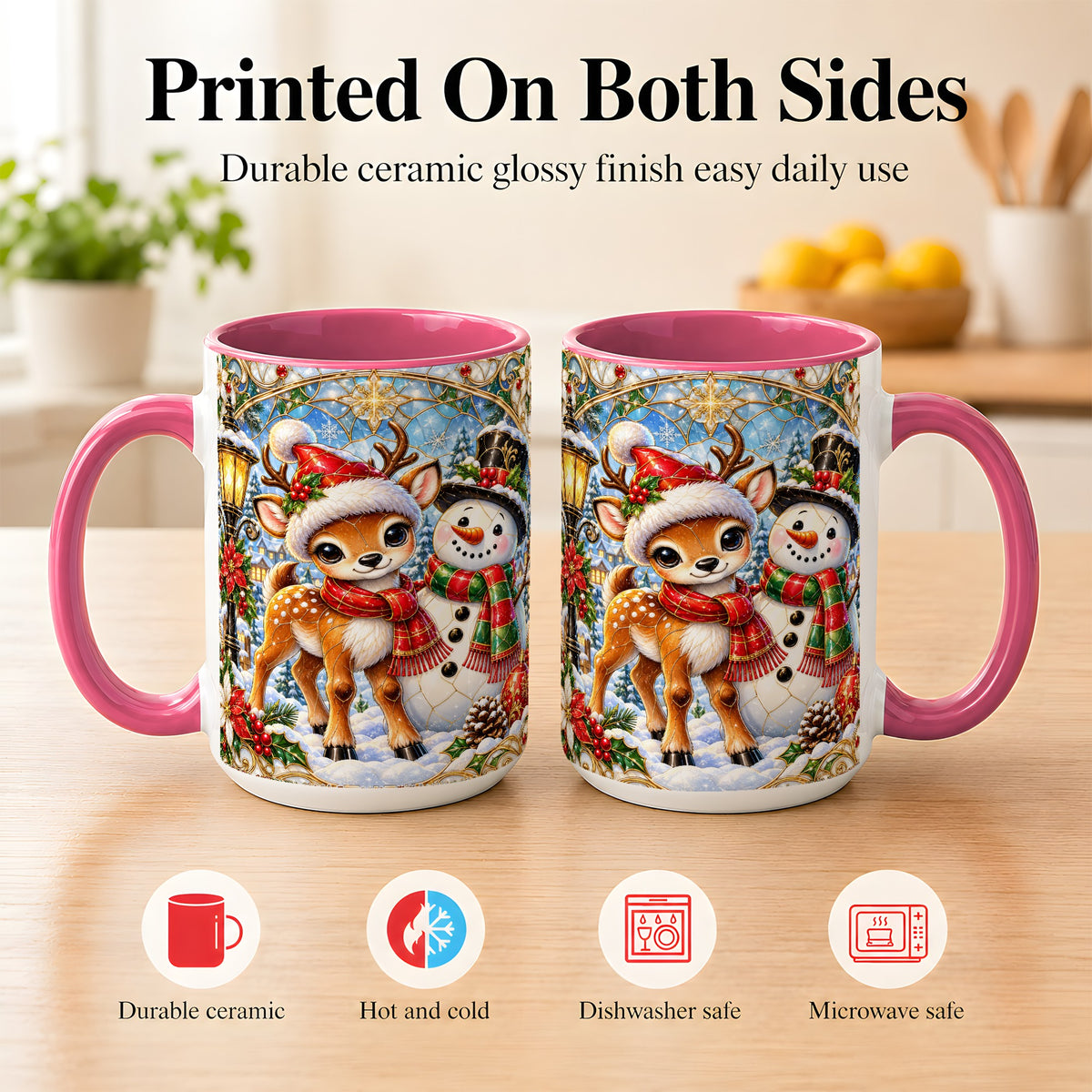 #pl[15oz|Pink] Christmas Reindeer Snowman Coffee Mug, Winter Mug, Ceramic Cup
