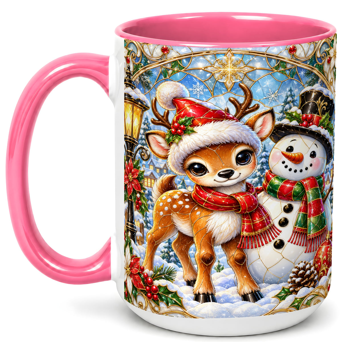 #pl[15oz|Pink] Christmas Reindeer Snowman Coffee Mug, Winter Mug, Ceramic Cup