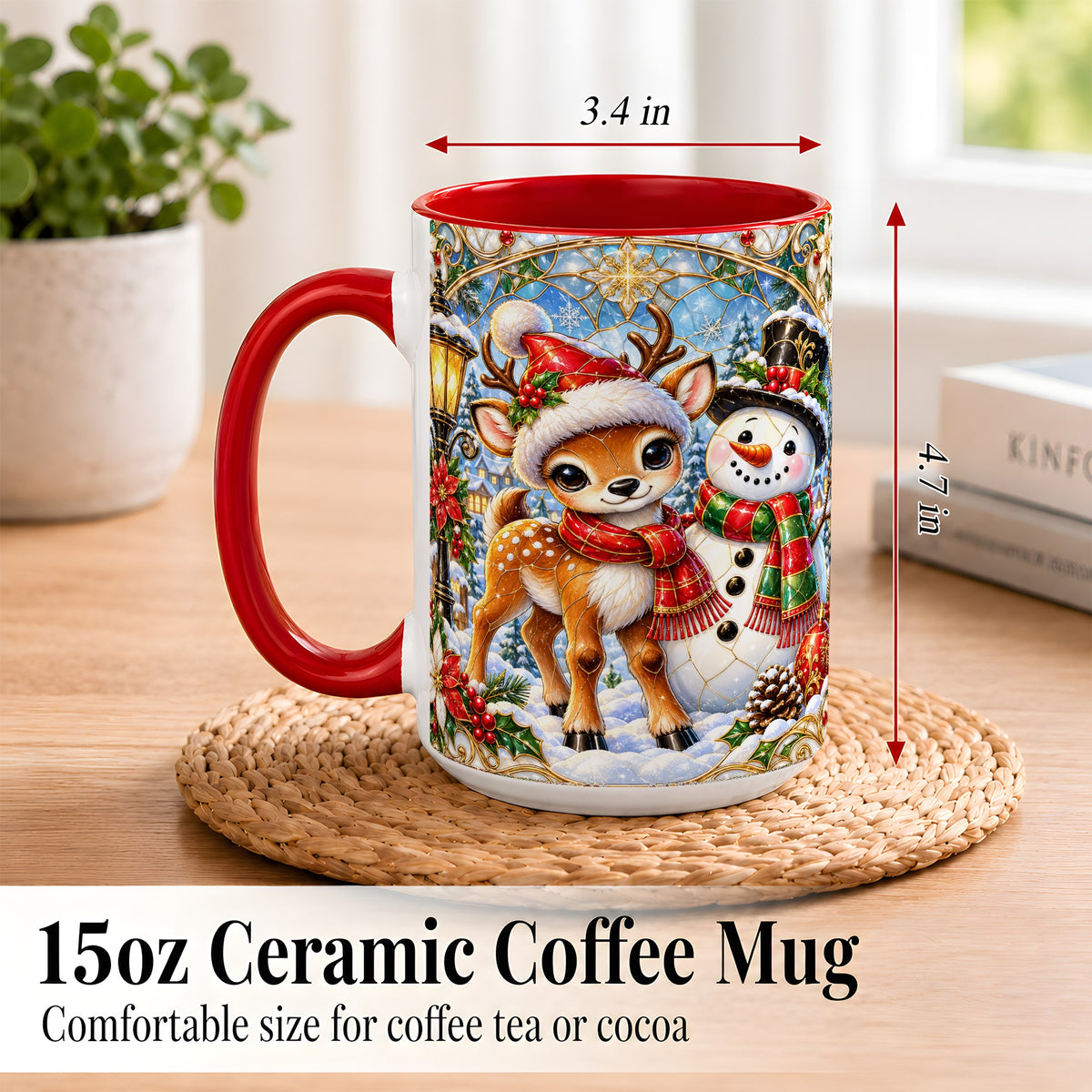 #pl[15oz|Red] Christmas Reindeer Snowman Coffee Mug, Winter Mug, Ceramic Cup