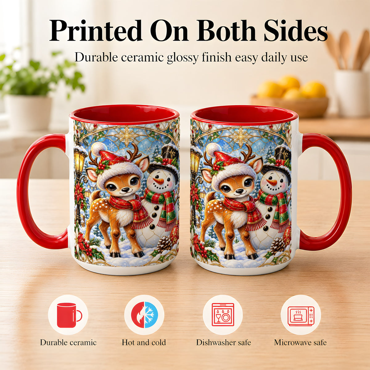 #pl[15oz|Red] Christmas Reindeer Snowman Coffee Mug, Winter Mug, Ceramic Cup