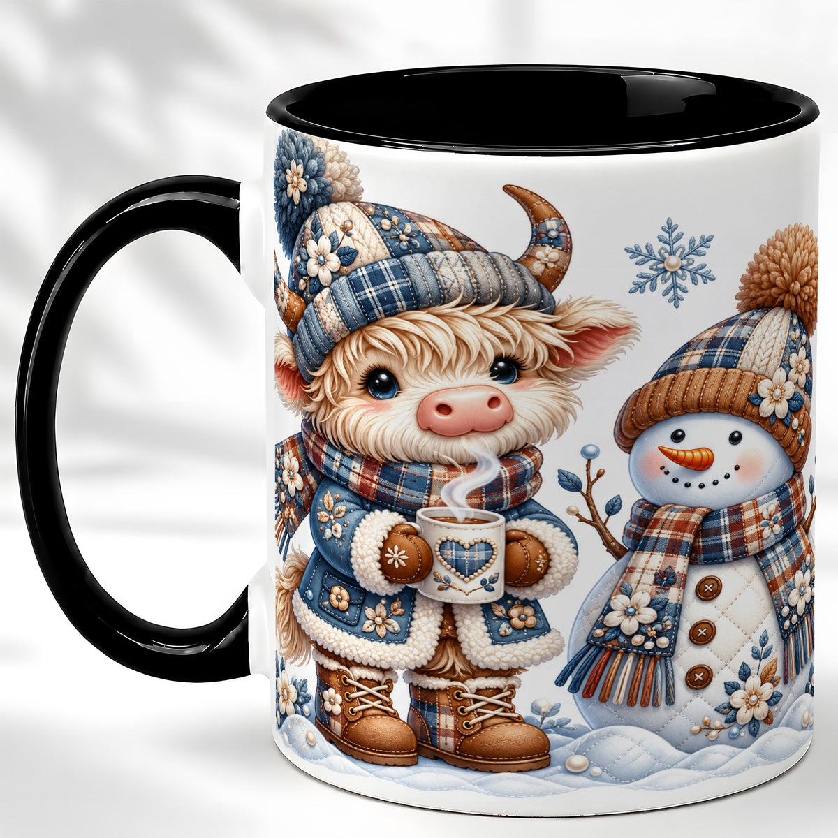 #pl[11oz|Black] Highland Cow Snowman Coffee Mug, Winter Mug, Ceramic Cup