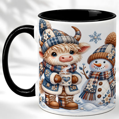 #pl[11oz|Black] Highland Cow Snowman Coffee Mug, Winter Mug, Ceramic Cup