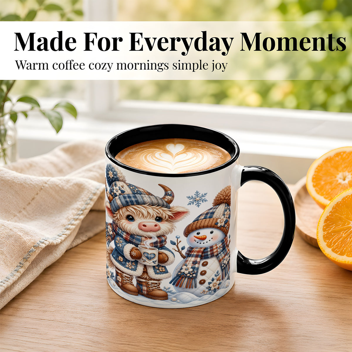 #pl[11oz|Black] Highland Cow Snowman Coffee Mug, Winter Mug, Ceramic Cup