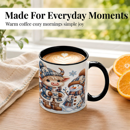 #pl[11oz|Black] Highland Cow Snowman Coffee Mug, Winter Mug, Ceramic Cup