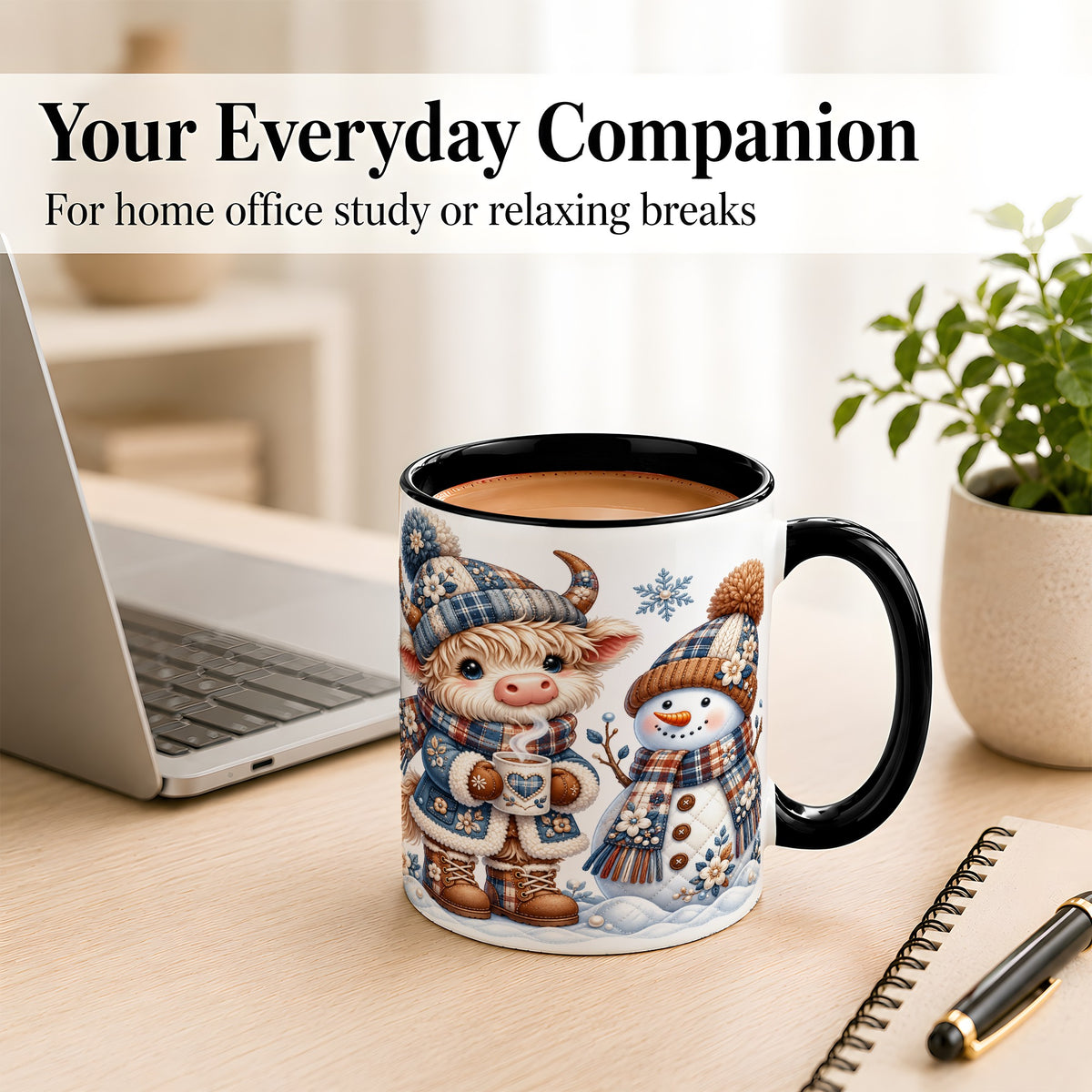 #pl[11oz|Black] Highland Cow Snowman Coffee Mug, Winter Mug, Ceramic Cup