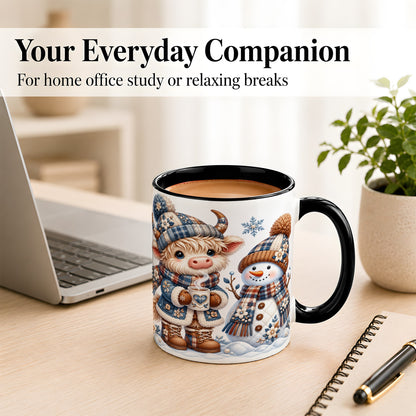 #pl[11oz|Black] Highland Cow Snowman Coffee Mug, Winter Mug, Ceramic Cup