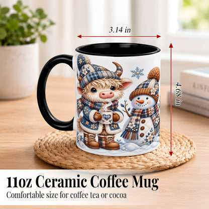 #pl[11oz|Black] Highland Cow Snowman Coffee Mug, Winter Mug, Ceramic Cup