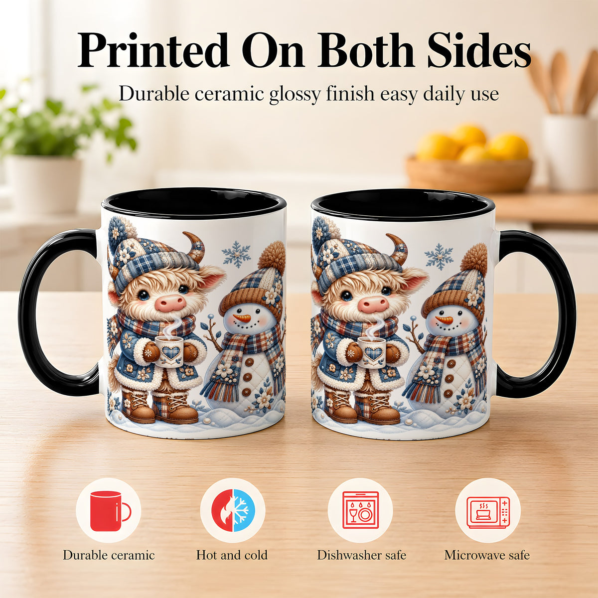 #pl[11oz|Black] Highland Cow Snowman Coffee Mug, Winter Mug, Ceramic Cup