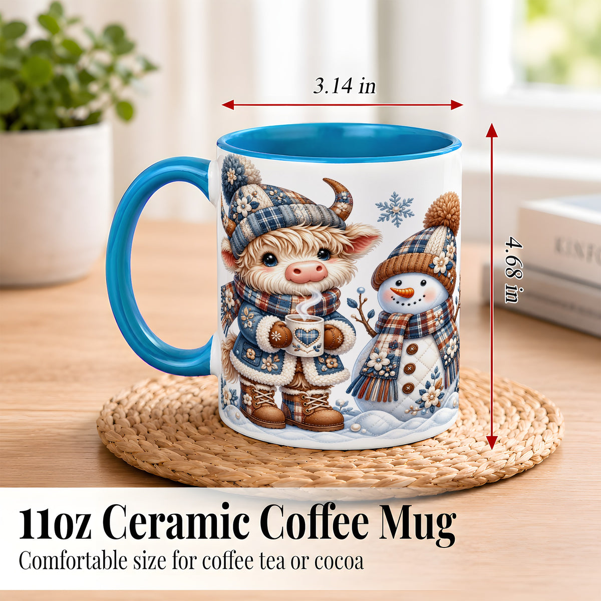 #pl[11oz|Blue] Highland Cow Snowman Coffee Mug, Winter Mug, Ceramic Cup