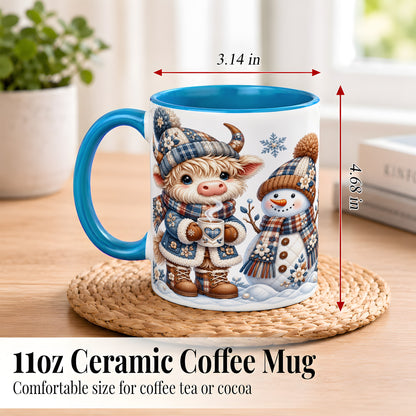 #pl[11oz|Blue] Highland Cow Snowman Coffee Mug, Winter Mug, Ceramic Cup