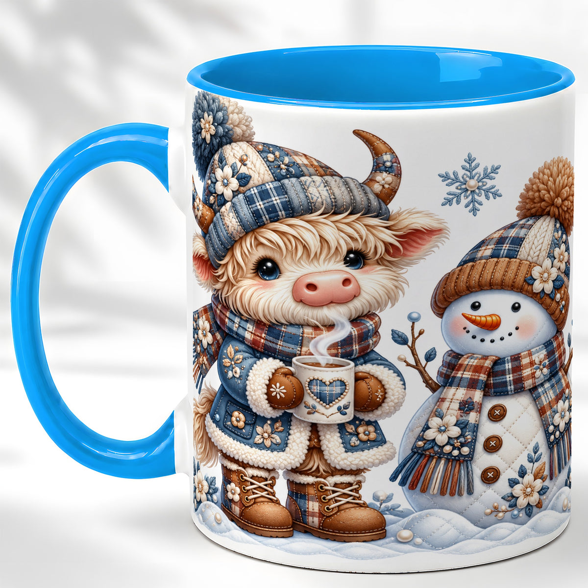 #pl[11oz|Blue] Highland Cow Snowman Coffee Mug, Winter Mug, Ceramic Cup