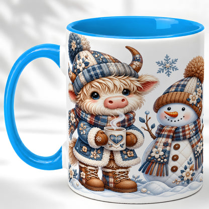 #pl[11oz|Blue] Highland Cow Snowman Coffee Mug, Winter Mug, Ceramic Cup