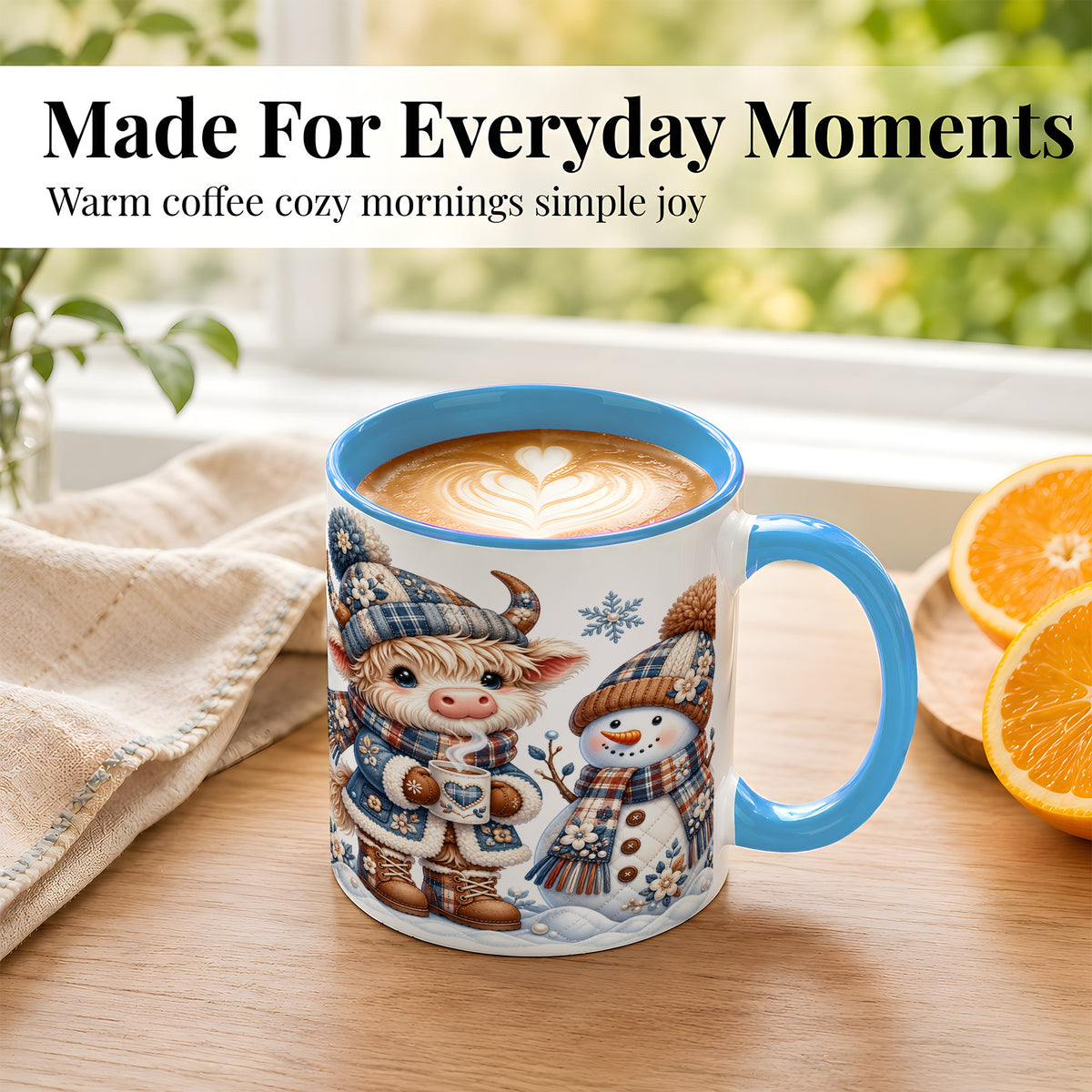 #pl[11oz|Blue] Highland Cow Snowman Coffee Mug, Winter Mug, Ceramic Cup