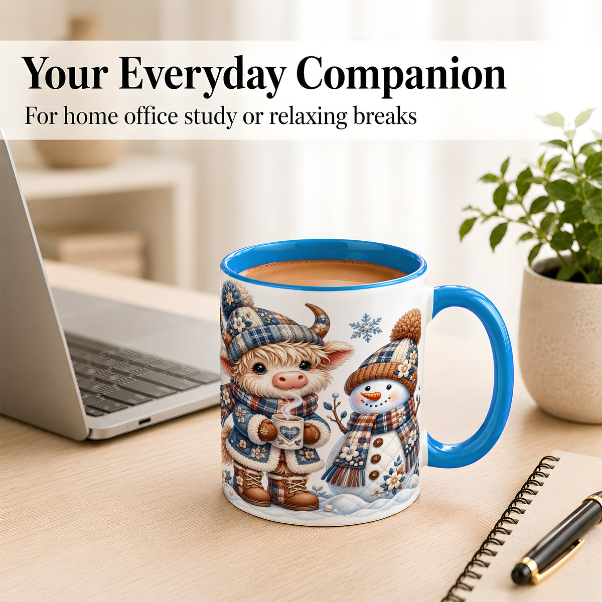 #pl[11oz|Blue] Highland Cow Snowman Coffee Mug, Winter Mug, Ceramic Cup
