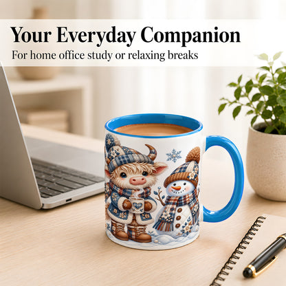 #pl[11oz|Blue] Highland Cow Snowman Coffee Mug, Winter Mug, Ceramic Cup