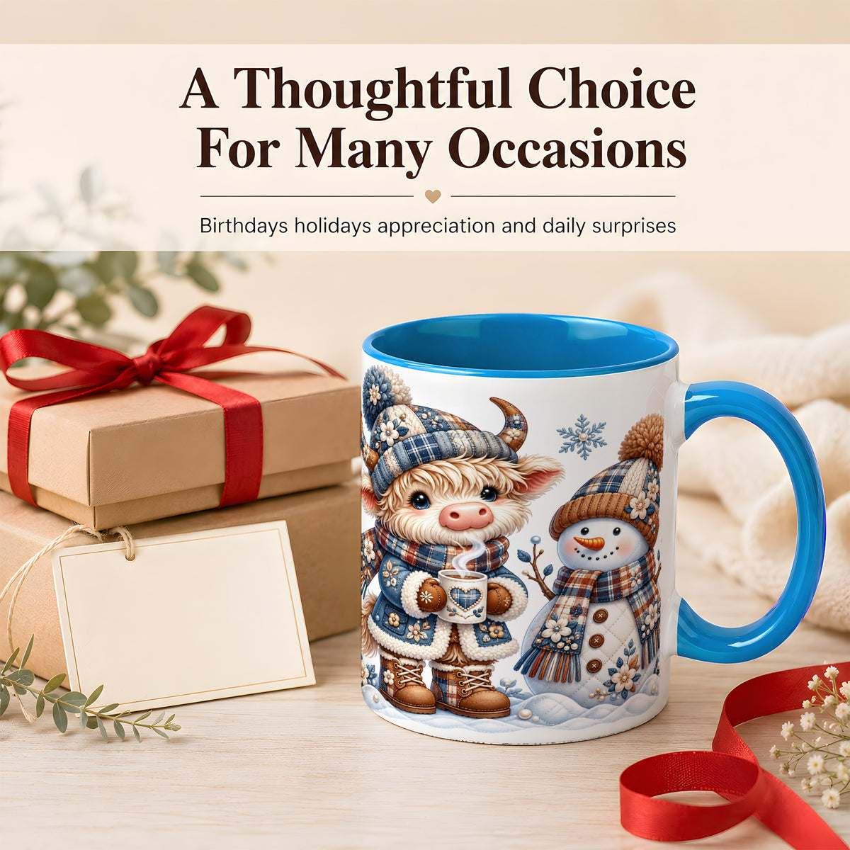 #pl[11oz|Blue] Highland Cow Snowman Coffee Mug, Winter Mug, Ceramic Cup